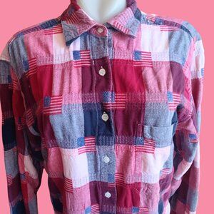 Vintage Womens Flannel Shirt Large 1990s Embroidered American Flag Plaid Red L